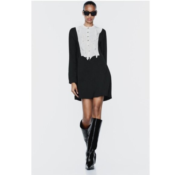 ZARA Black and White Dress with Jabot Ruffle - Picture 2 of 10